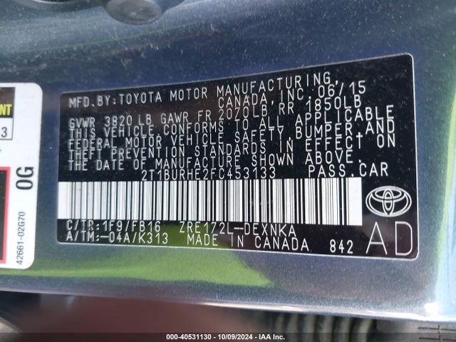 Toyota COROLLA LE 2015 2T1BURHE2FC453133 Image 9