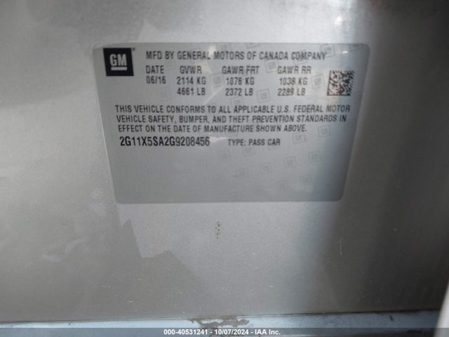 Chevrolet Impala 1fl 2016 2G11X5SA2G9208456 Image 9