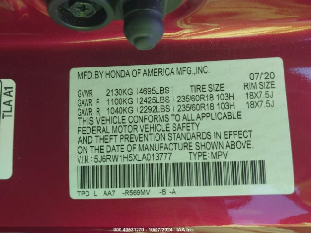 5J6RW1H5XLA013777 Honda Cr-v 2wd Ex