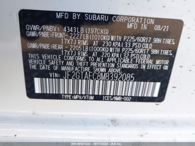 JF2GTAEC8M8392085 Subaru Crosstrek Premium