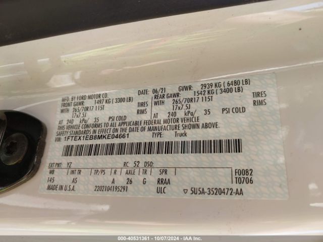 1FTEX1EB8MKE04661 Ford F-150 Xl