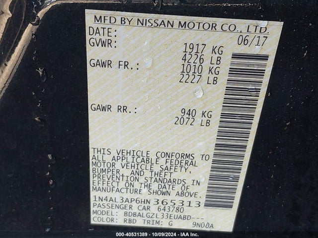 Nissan Altima 2.5 S 2017 1N4AL3AP6HN365313 Image 9