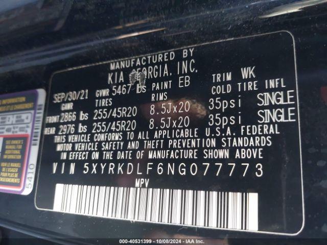 5XYRKDLF6NG077773 KIA SORENTO SX