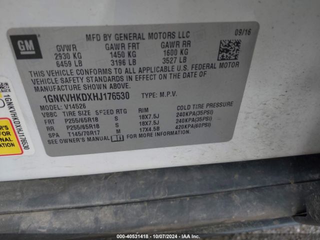 1GNKVHKDXHJ176530 Chevrolet Traverse 2lt