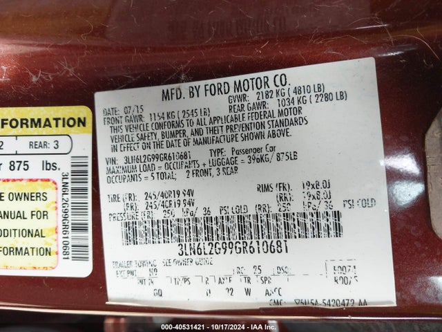 Lincoln MKZ 2016 3LN6L2G99GR610681 Image 9