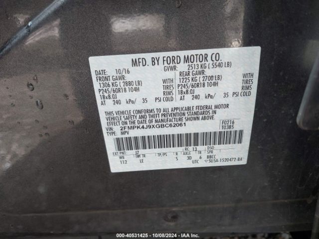2FMPK4J9XGBC62061 Ford EDGE SEL