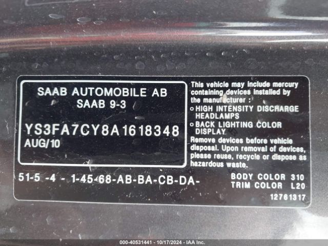 2010 SAAB 9-3 YS3FA7CY8A1618348 Photo 8