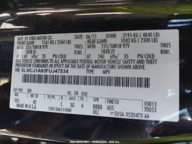 5LMCJ1A93FUJ47534 Lincoln MKC