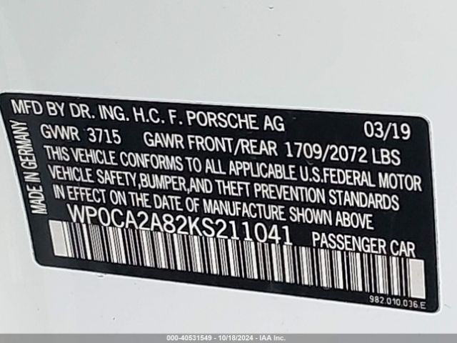 2019 PORSCHE 718 BOXSTER WP0CA2A82KS211041 Photo 8