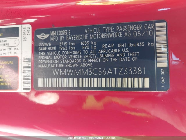 2010 MINI COOPER S CLUBMAN WMWMM3C56ATZ33381 Photo 8