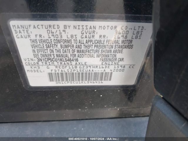 3N1CP5CU1KL546416 Nissan KICKS SV