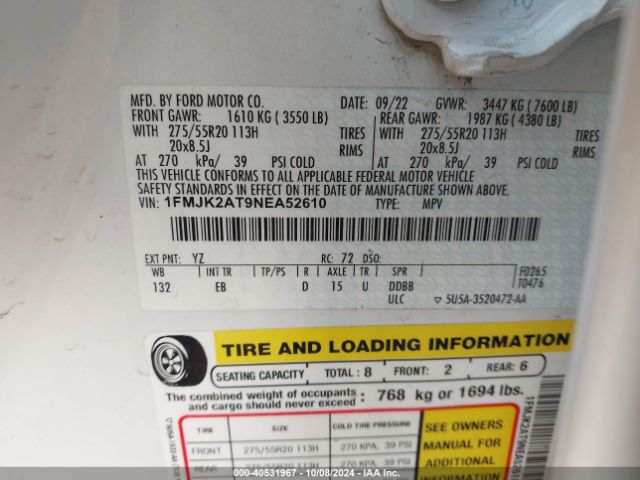 1FMJK2AT9NEA52610 Ford Expedition Limited Max