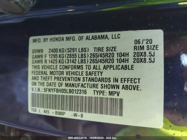 Honda Passport Awd Elite 2020 5FNYF8H05LB012316 Image 9