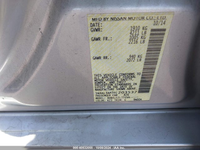 Nissan Altima 2.5 S 2015 1N4AL3AP7FC203537 Image 9