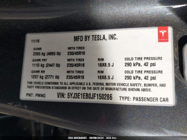 5YJ3E1EB0JF150286 Tesla MODEL 3