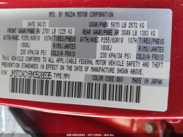 JM3TCACY6M0528635 Mazda Cx-9 Touring