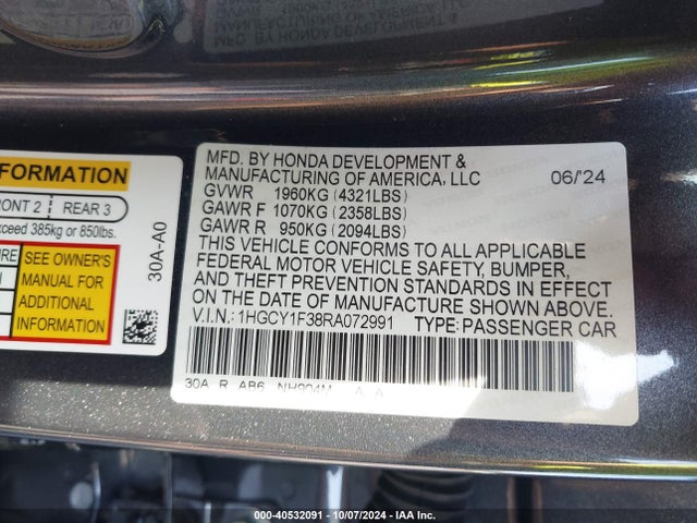 Honda ACCORD EX 2024 1HGCY1F38RA072991 Image 9