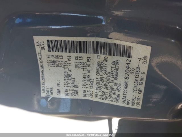 5N1AT3CA8MC820442 Nissan Rogue Sl Fwd