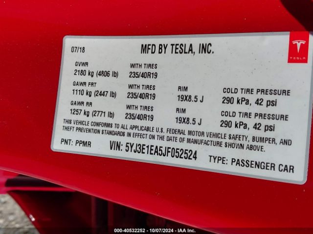 5YJ3E1EA5JF052524 Tesla Model 3 Long Range/mid Range