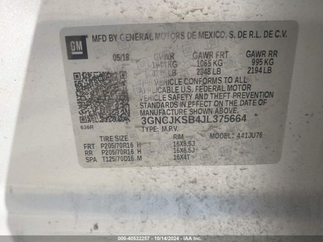 3GNCJKSB4JL375664 Chevrolet TRAX LS