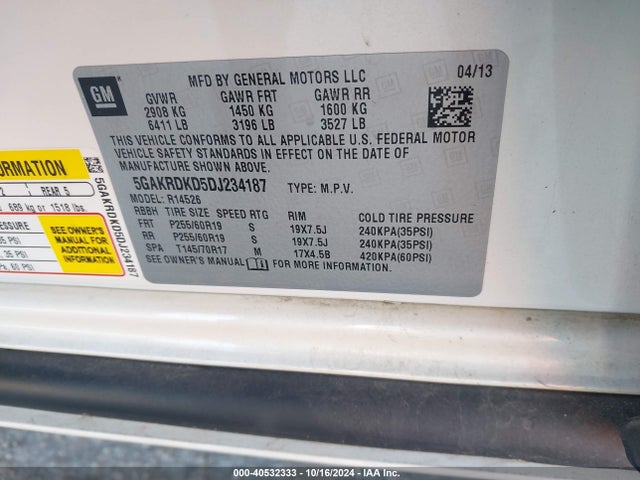 Продаж на аукціоні авто 2013 Buick Enclave Premium, vin: 5GAKRDKD5DJ234187, номер лоту: 40532333