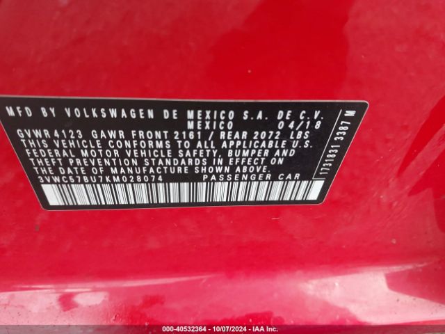 3VWC57BU7KM028074 Volkswagen Jetta 1.4t R-line/1.4t S/1.4t Se