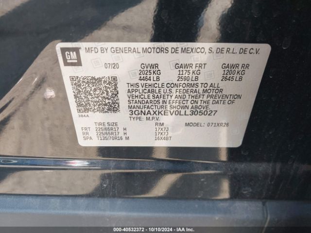 3GNAXKEV0LL305027 Chevrolet Equinox Fwd Lt 1.5l Turbo