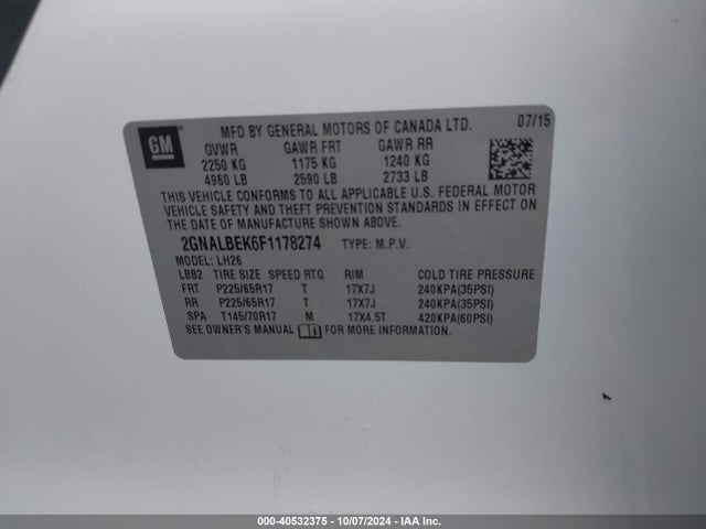 Chevrolet EQUINOX 1LT 2015 2GNALBEK6F1178274 Image 9