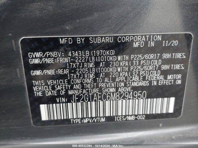 JF2GTAEC6M8294950 Subaru Crosstrek Premium