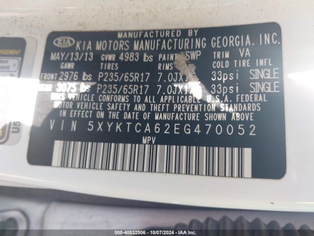 5XYKTCA62EG470052 KIA SORENTO LX