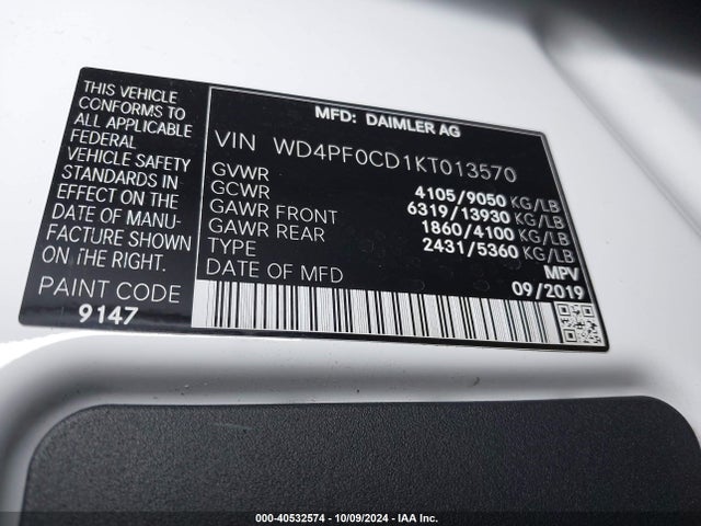 WD4PF0CD1KT013570 Mercedes-Benz Sprinter 2500 High Roof V6/standard Roof V6