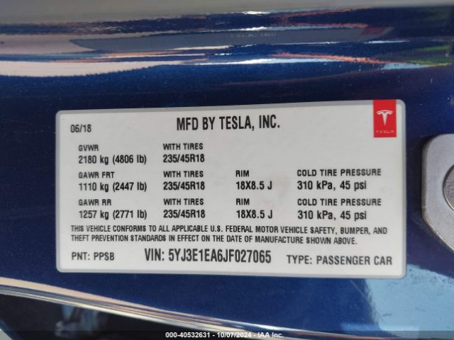 5YJ3E1EA6JF027065 Tesla Model 3 Long Range/mid Range