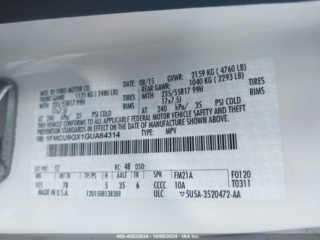 Ford ESCAPE SE 2016 1FMCU9GX1GUA64314 Image 9