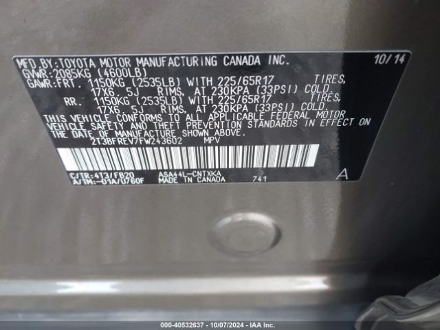 2T3BFREV7FW243602 Toyota RAV4 LE