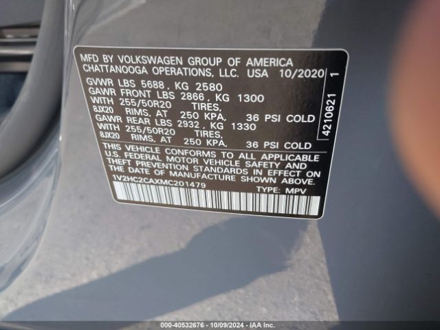 1V2HC2CAXMC201479 Volkswagen Atlas Cross Sport 2.0t Se W/technology