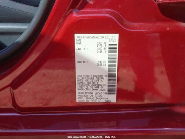 1N4BL4DV6NN345269 Nissan Altima Sv Fwd