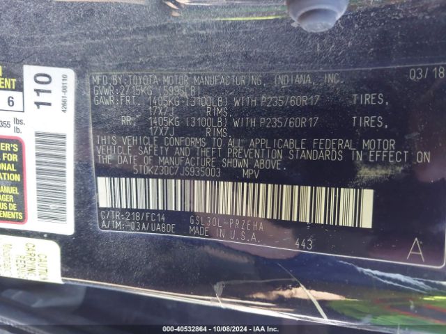 5TDKZ3DC7JS935003 Toyota Sienna Le 8 Passenger