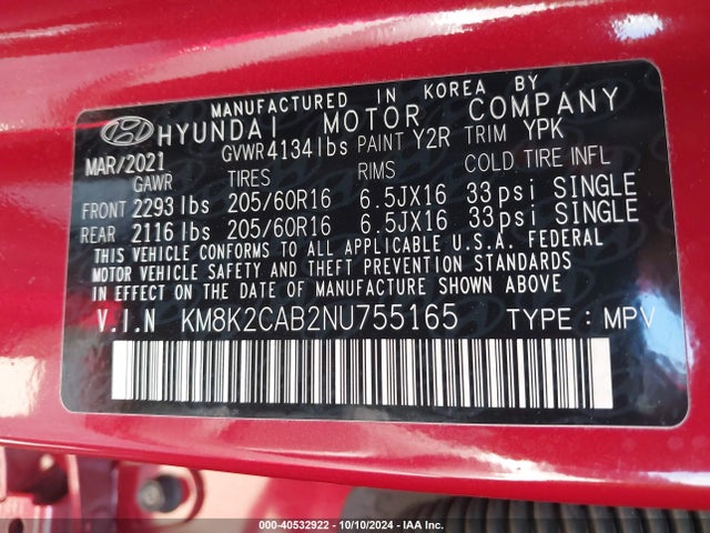 Hyundai Kona Se 2022 KM8K2CAB2NU755165 Image 9