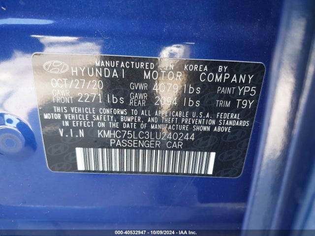 KMHC75LC3LU240244 Hyundai Ioniq Hybrid Se