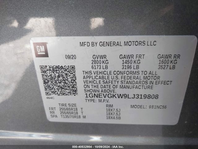 1GNEVGKW9LJ319808 Chevrolet Traverse Awd Lt Cloth