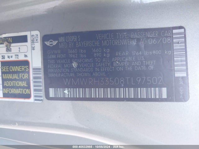 2008 MINI COOPER S WMWRH33508TL97502 Photo 8