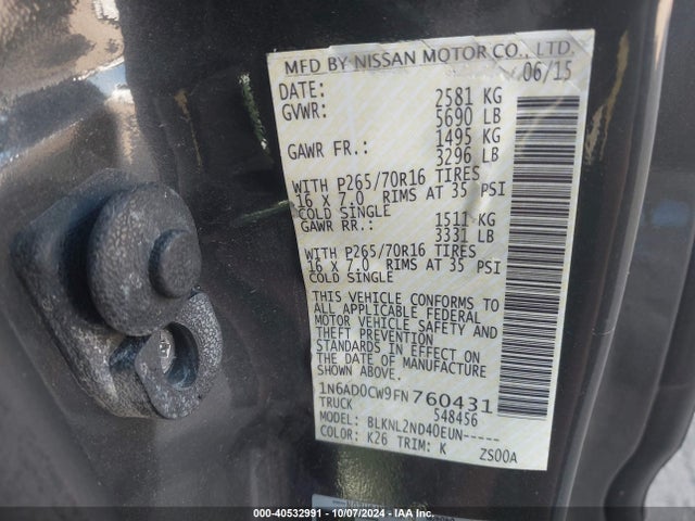 Nissan Frontier Sv 2015 1N6AD0CW9FN760431 Image 9