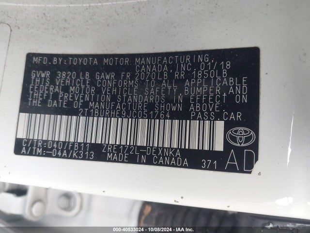 Toyota COROLLA LE 2018 2T1BURHE9JC051764 Image 9