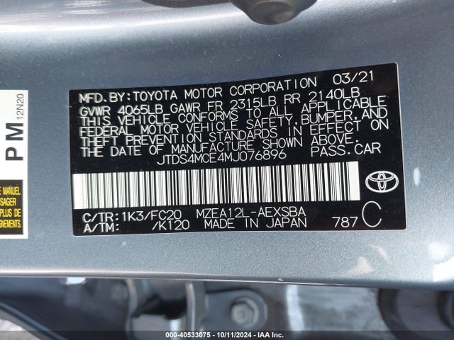 Toyota COROLLA SE 2021 JTDS4MCE4MJ076896 Image 9
