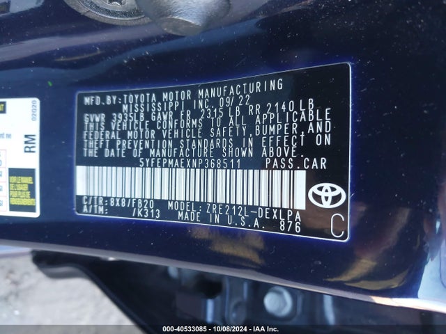 Toyota COROLLA LE 2022 5YFEPMAEXNP368511 Image 9