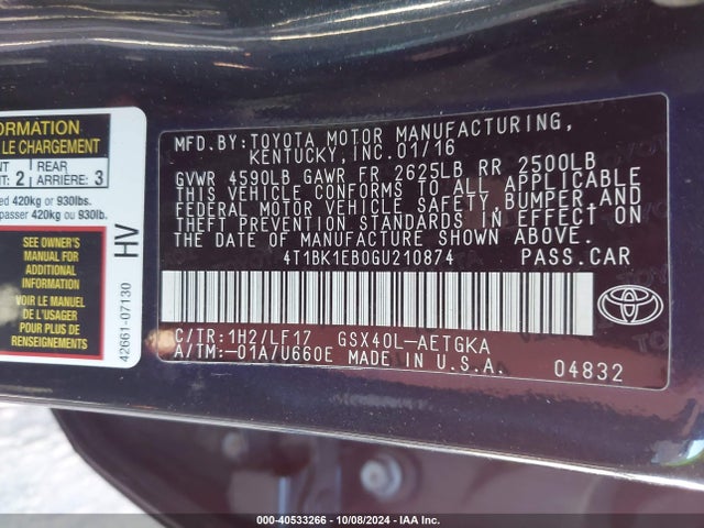 Toyota Avalon Xle Premium 2016 4T1BK1EB0GU210874 Image 9