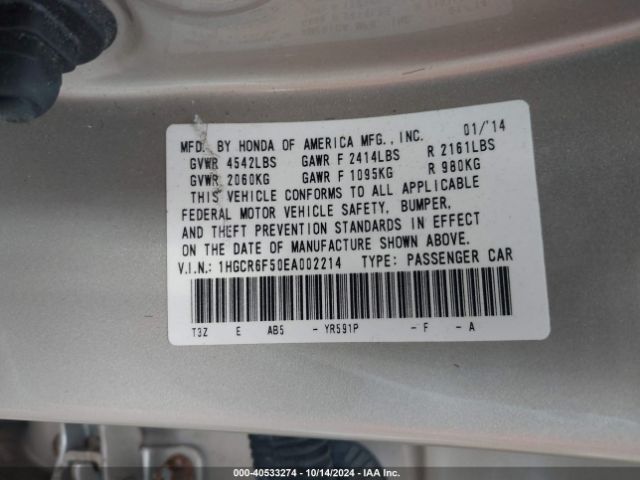 1HGCR6F50EA002214 Honda Accord Hybrid Ex-l