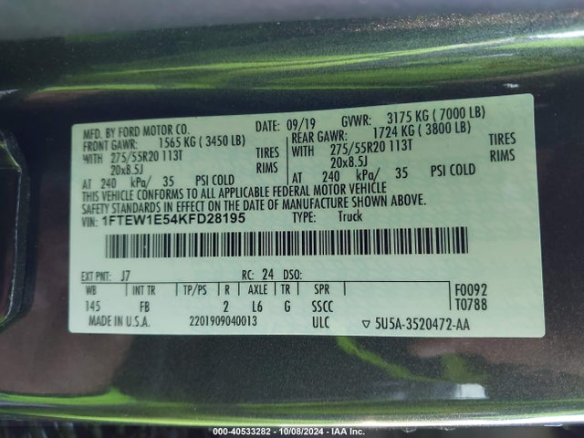 Ford F-150 Xlt 2019 1FTEW1E54KFD28195 Image 9