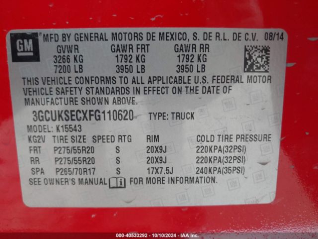 3GCUKSECXFG110620 Chevrolet Silverado 1500 1lz