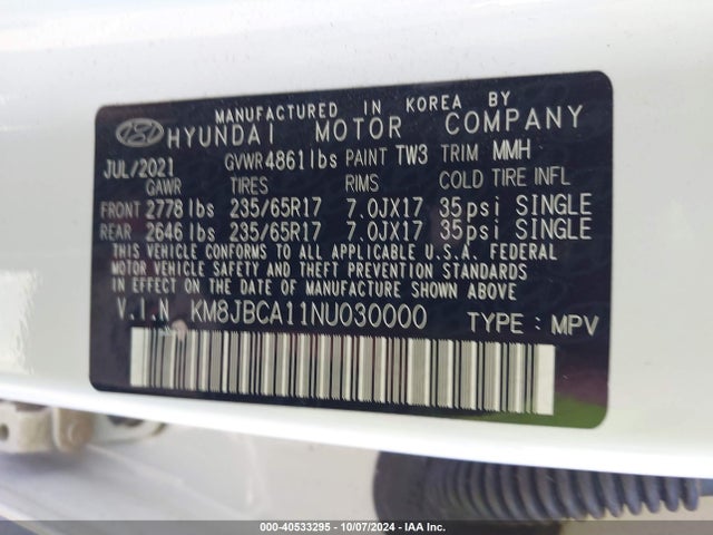 KM8JBCA11NU030000 Hyundai Tucson Hybrid Blue